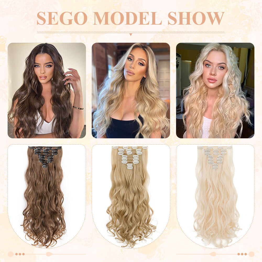 Clip-In Hair Extensions Full Head Ombre Highlight Synthetic Thick Hair 8-24 Inches