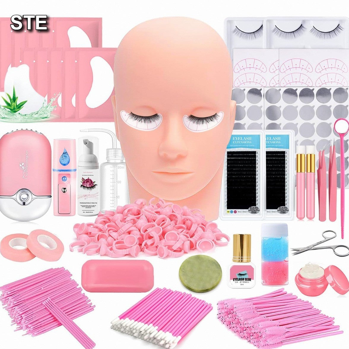 Professional Eyelash Extension Practice Kit with Mannequin Head & USB Fan