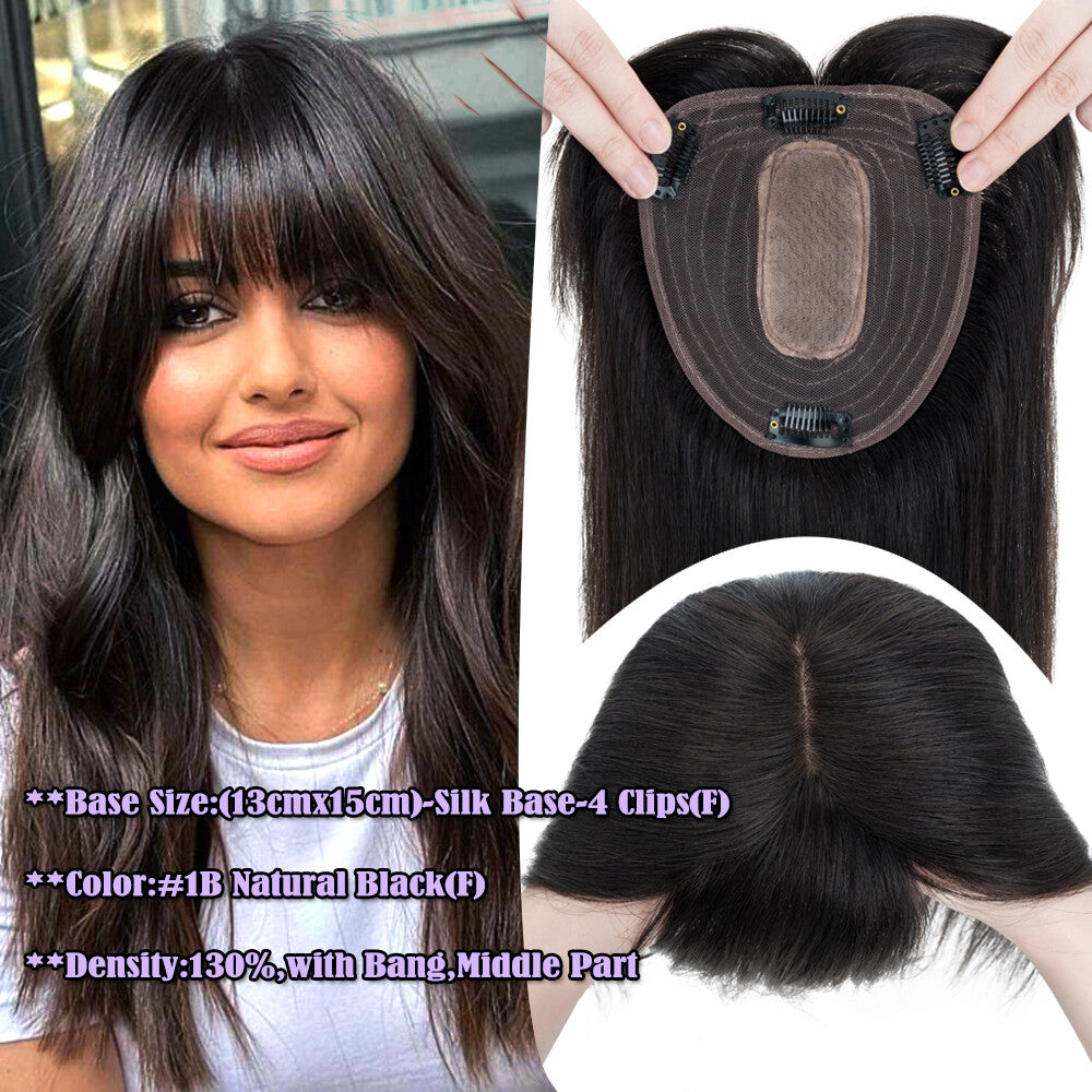Human Hair Topper Clip-In Hairpiece with Silk Base - Brown, 6-12 Inches