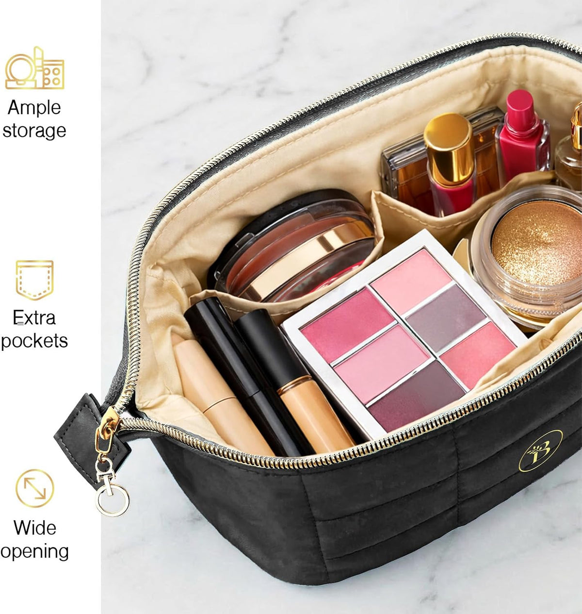 Quilted Black Makeup Bag | Travel Toiletry Organizer with Wide-Open Top