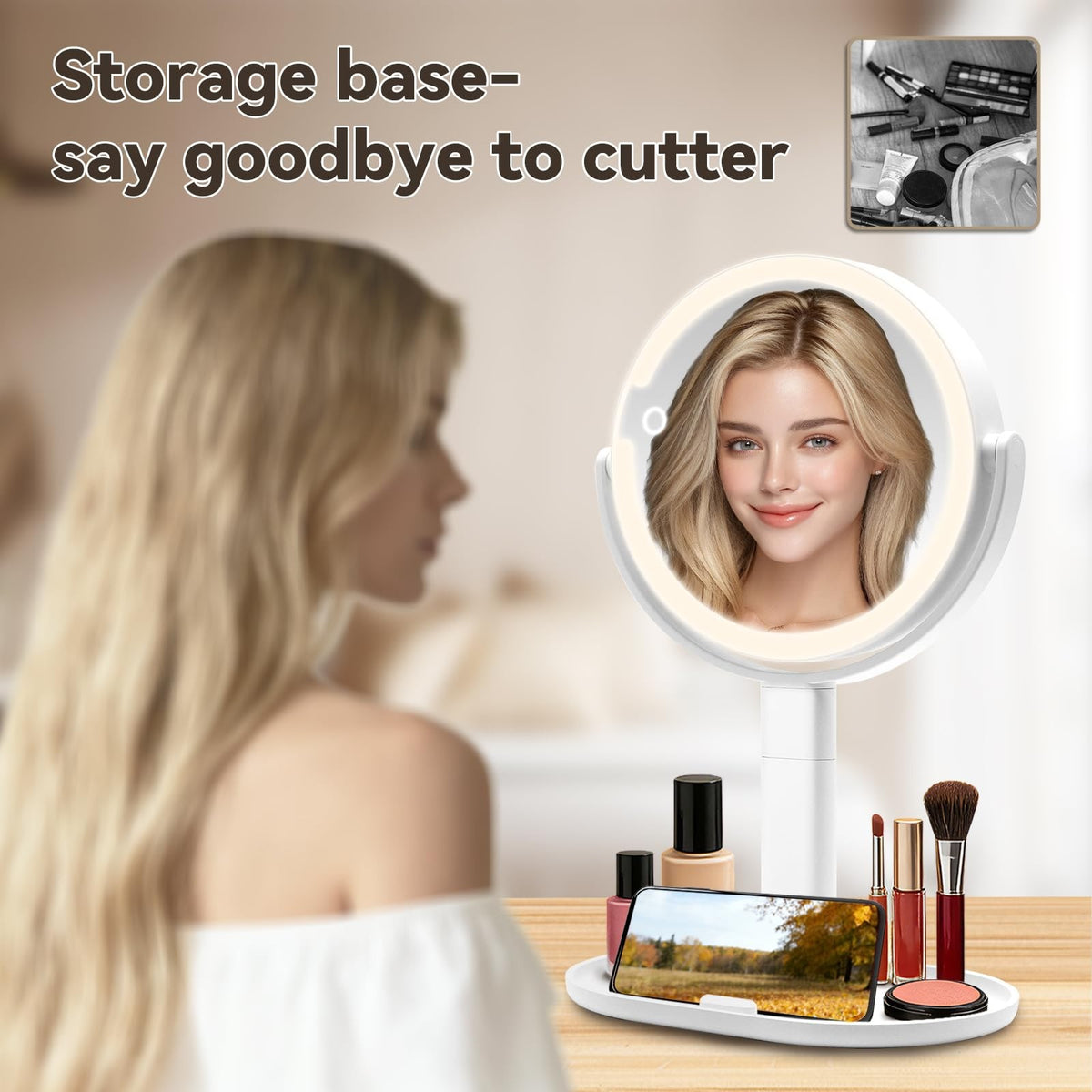 LED Lighted Dual-Sided Makeup Mirror 1X/10X with Brightness & Color Control