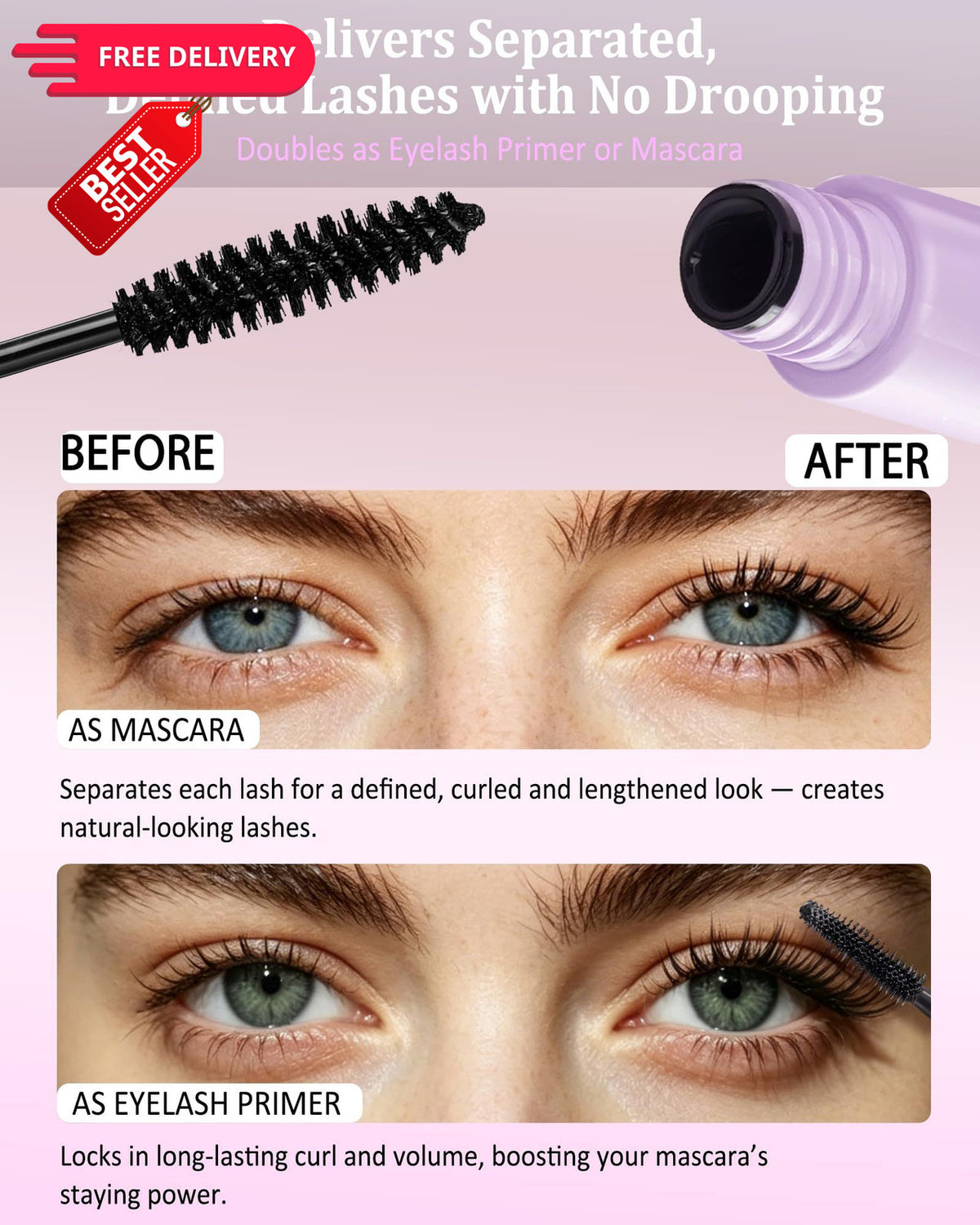 Eyebrow and Eyelash Mascara for Seniors 60+ - Waterproof, Smudge-Proof, Set of 2