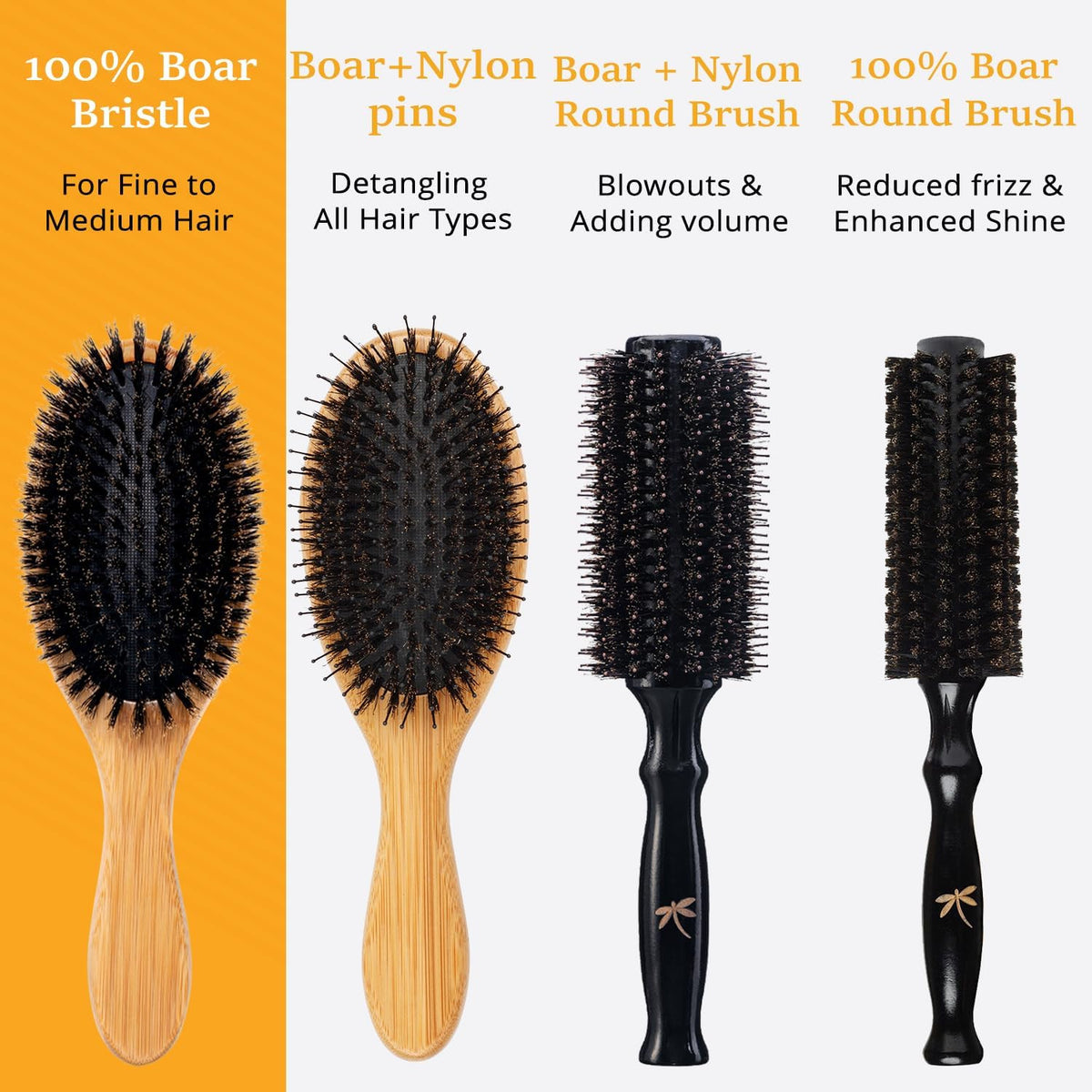 Boar Bristle Hair Brush Set for Fine to Medium Hair - Natural & Gentle