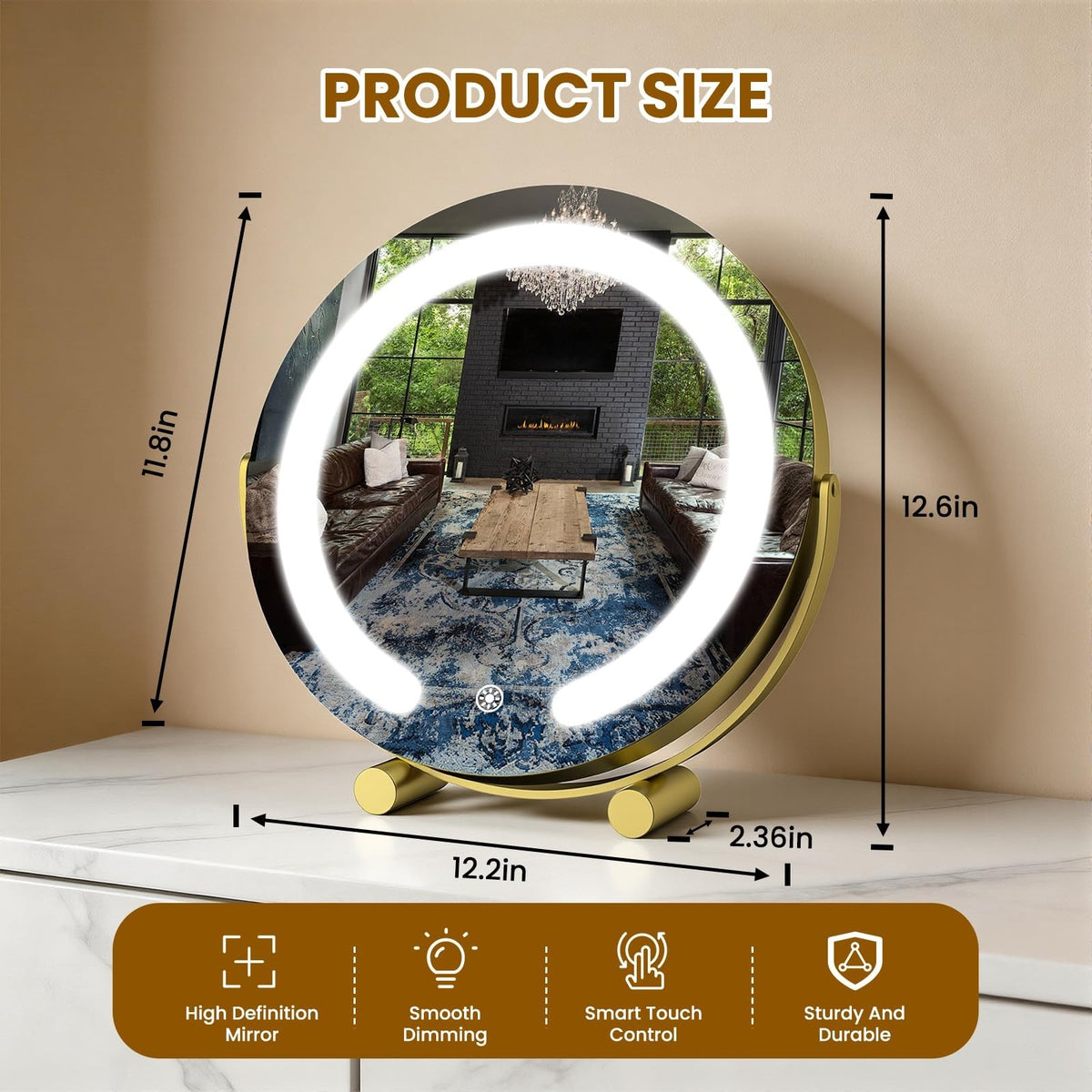 12-Inch LED Lighted Makeup Vanity Mirror with Touch Control, Dimmable & Rotatable, Gold Finish
