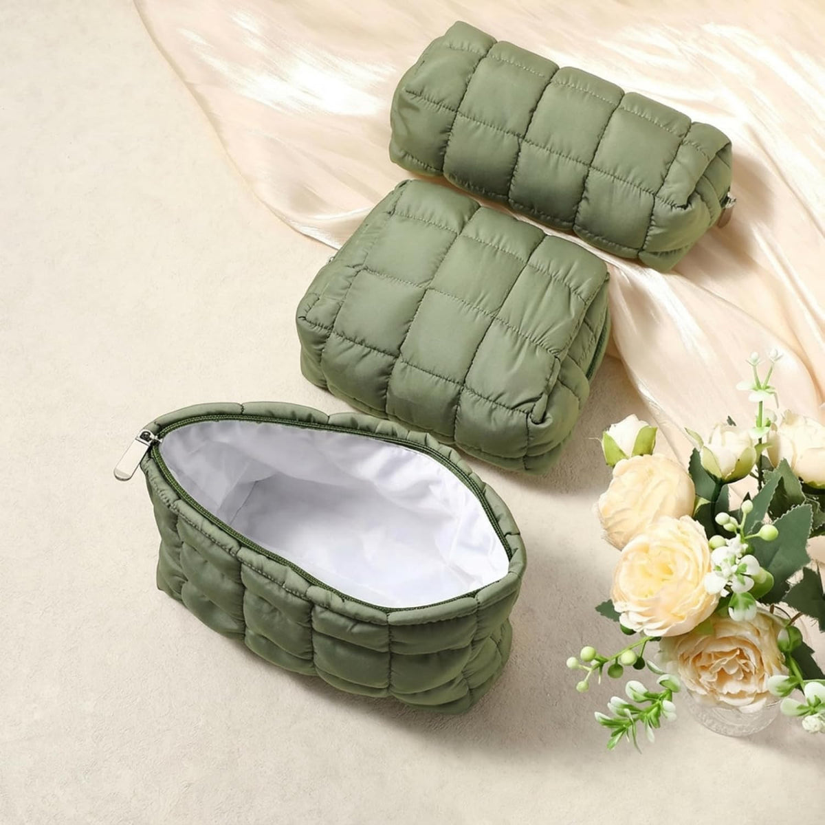 3-Piece Quilted Makeup Bag Set for Women - Travel Cosmetic Pouches with Soft Fabric