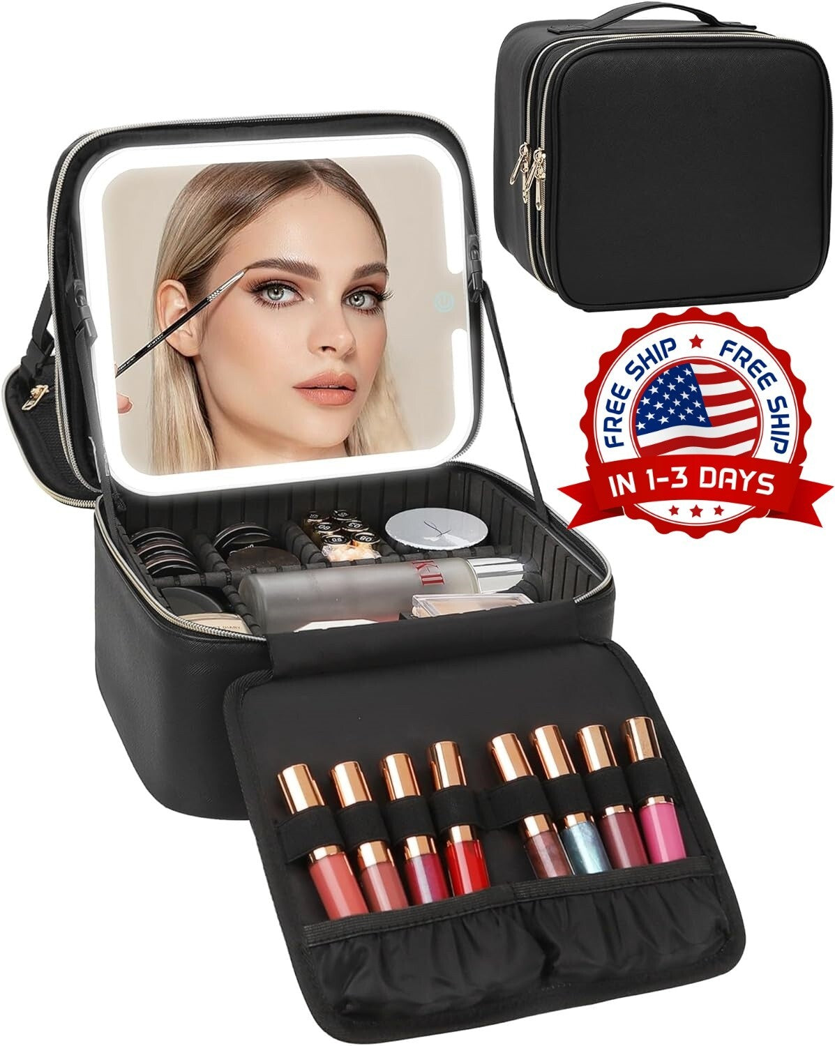 Travel Makeup Case with LED Mirror, Adjustable Compartments, Portable Organizer