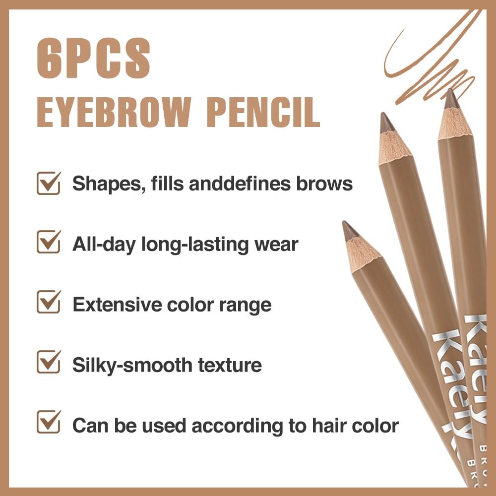 6-Piece Wooden Eyebrow & Eyeliner Pencil Set Waterproof & Smudge-Proof