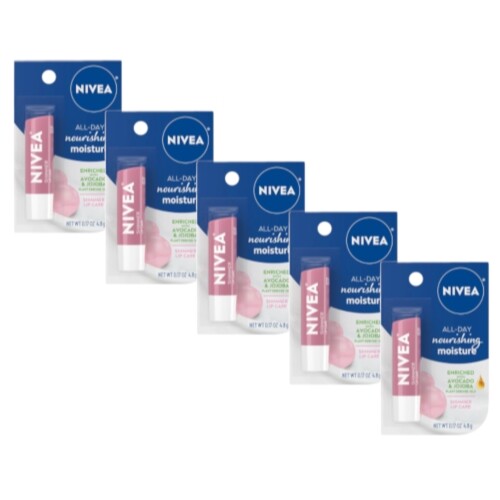 Nivea Lip Care Set - All-Day Nourishing Moisture with Shimmer, Mineral Oil-Free, 5 Pack