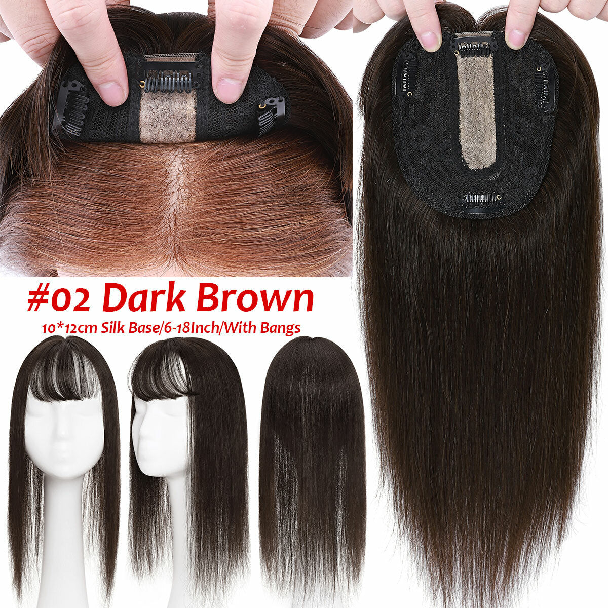 Remy Human Hair Topper with Bangs - Clip-In Hairpiece for Thinning Hair