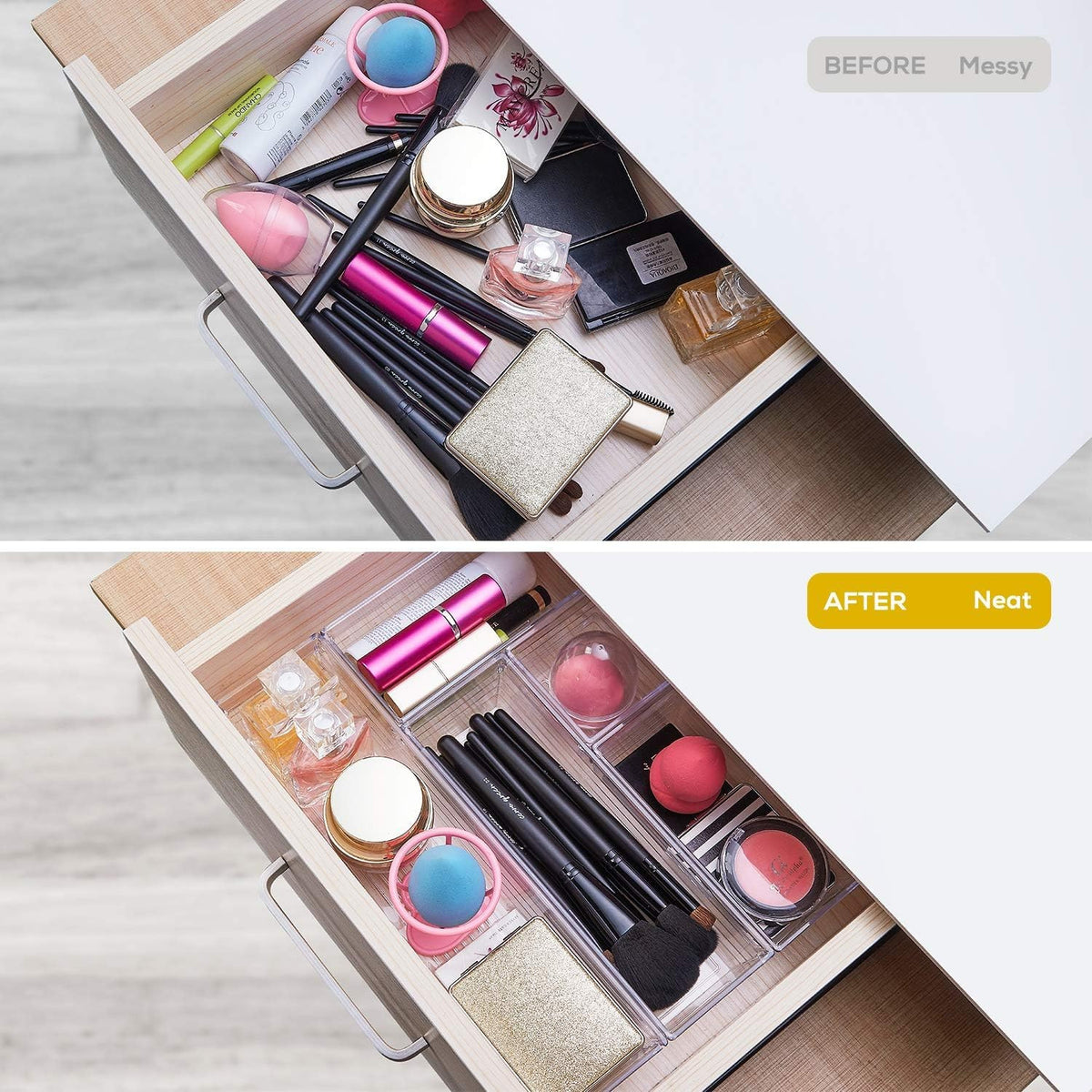 14-Piece Transparent Plastic Drawer Organizer Set for Makeup and Kitchen Utensils
