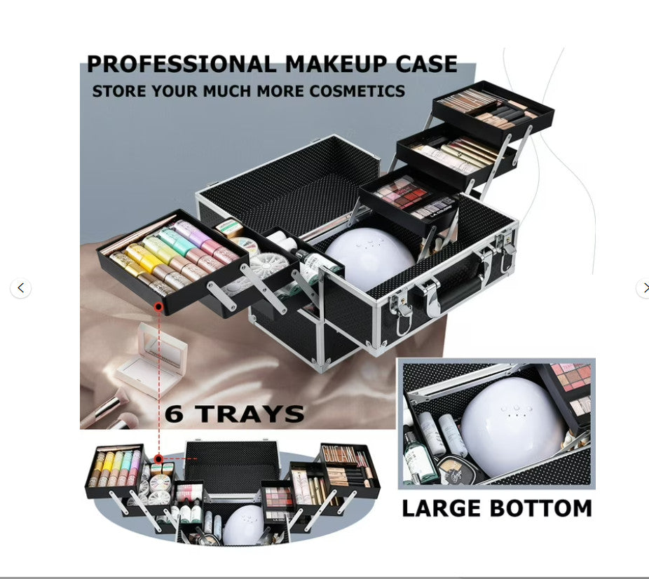Portable Makeup Organizer Case with 6-Tier Rose Gold Compartments - Travel-Friendly, Durable Storage for Cosmetics & Accessories