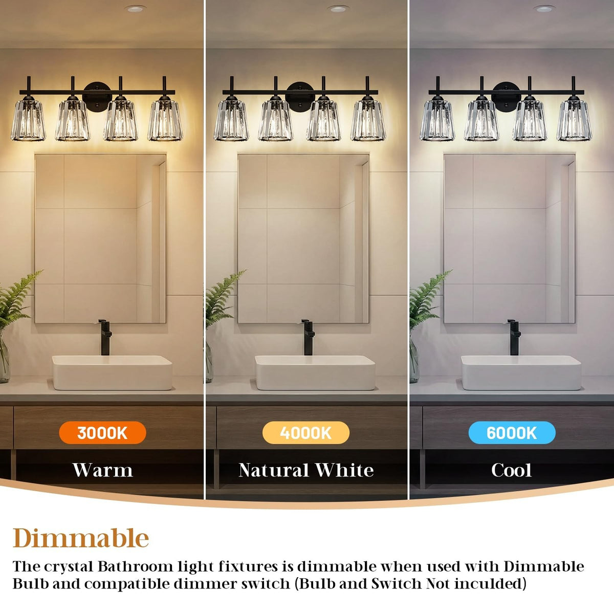 Black Crystal Bathroom Vanity Light Fixture - 4-Light Wall Sconce for Mirror