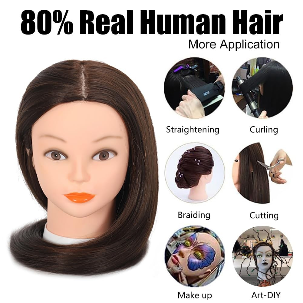 80% Human Hair Mannequin Head 26-28 Inch Dark Brown Cosmetology Doll