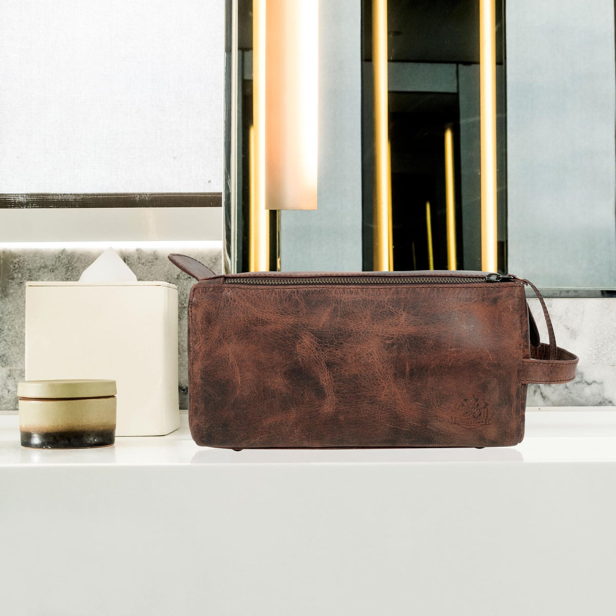 Leather Travel Dopp Kit - Men’s Toiletry Organizer Bag for Grooming