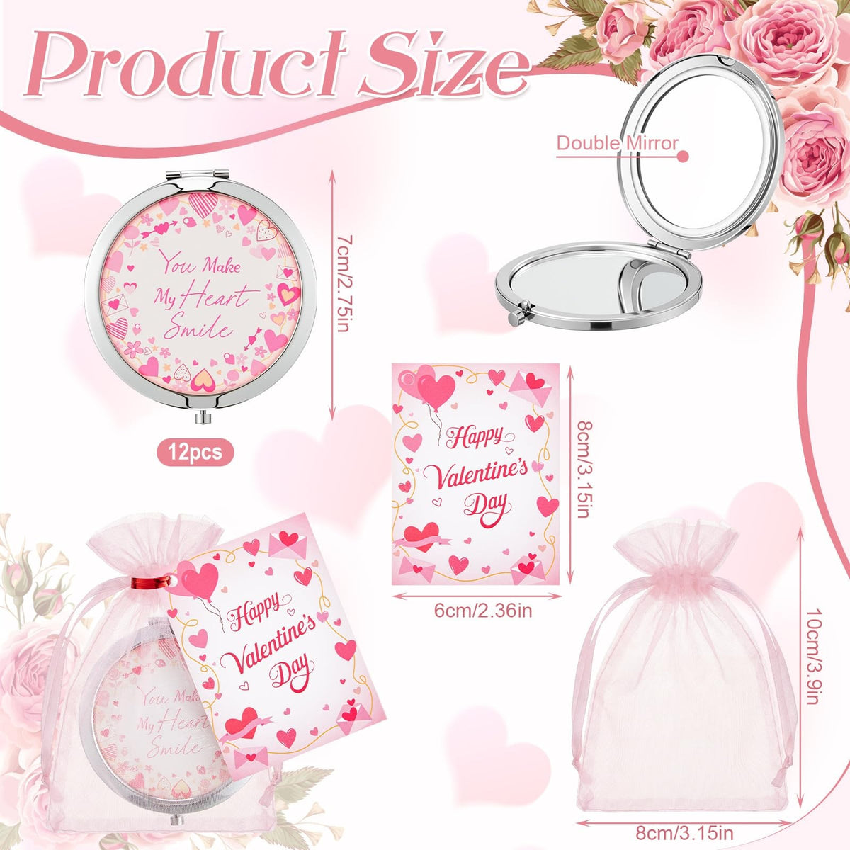 Valentine Compact Mirror Gift Set with Greeting Cards and Organza Bags - Bulk Pack of 12
