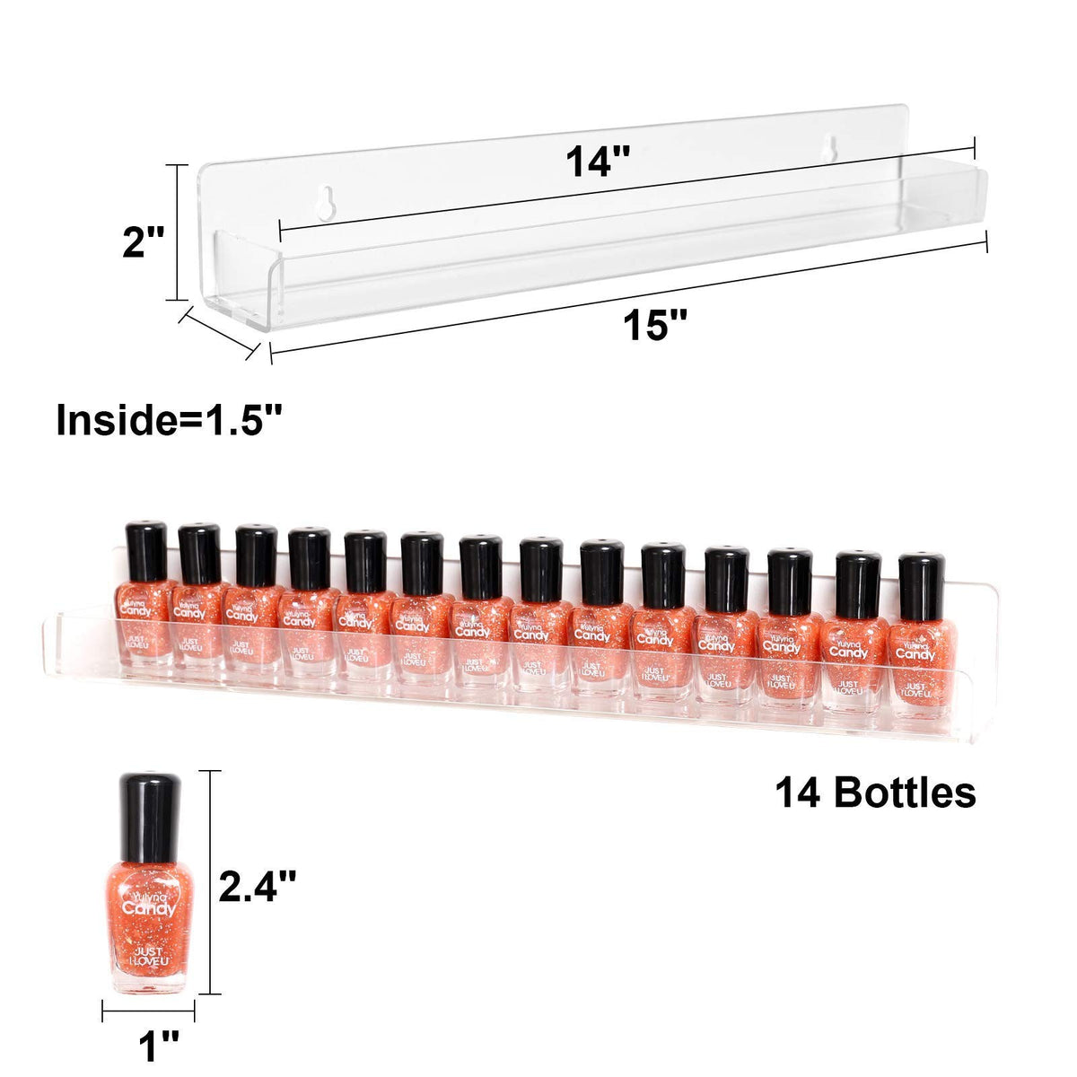 15-Inch Acrylic Wall Mount Nail Polish Organizer Shelf with 6 Tiers, Clear