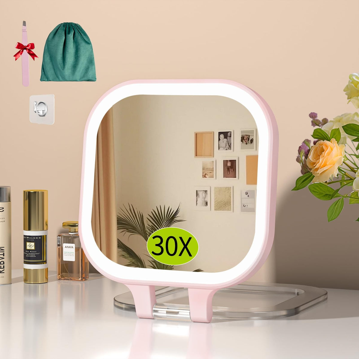 30X Travel Magnifying Mirror with Light - 7 Inch Double Sided Pink Vanity Mirror Rechargeable Portable Makeup Mirror