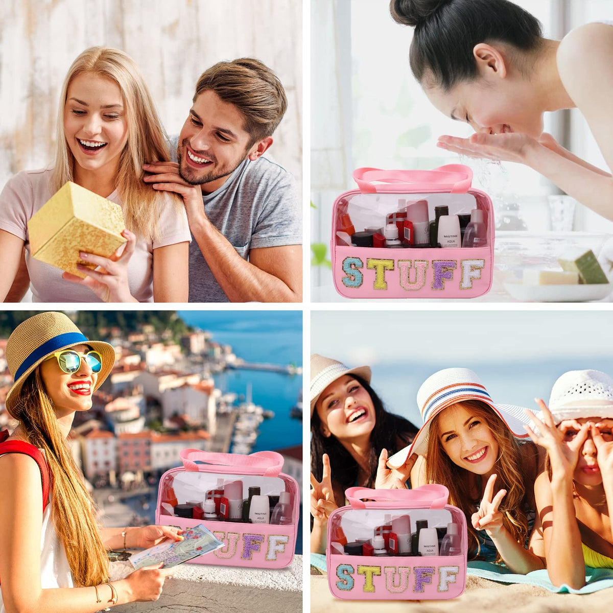 Large Clear Makeup Cosmetic Bag with Waterproof Nylon Handle Pink
