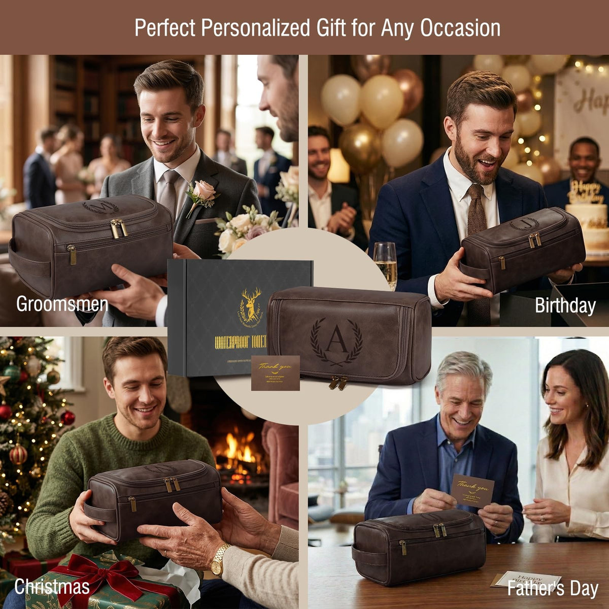 Personalized Waterproof Travel Toiletry Bag for Men - Leather Dopp Kit with Initials