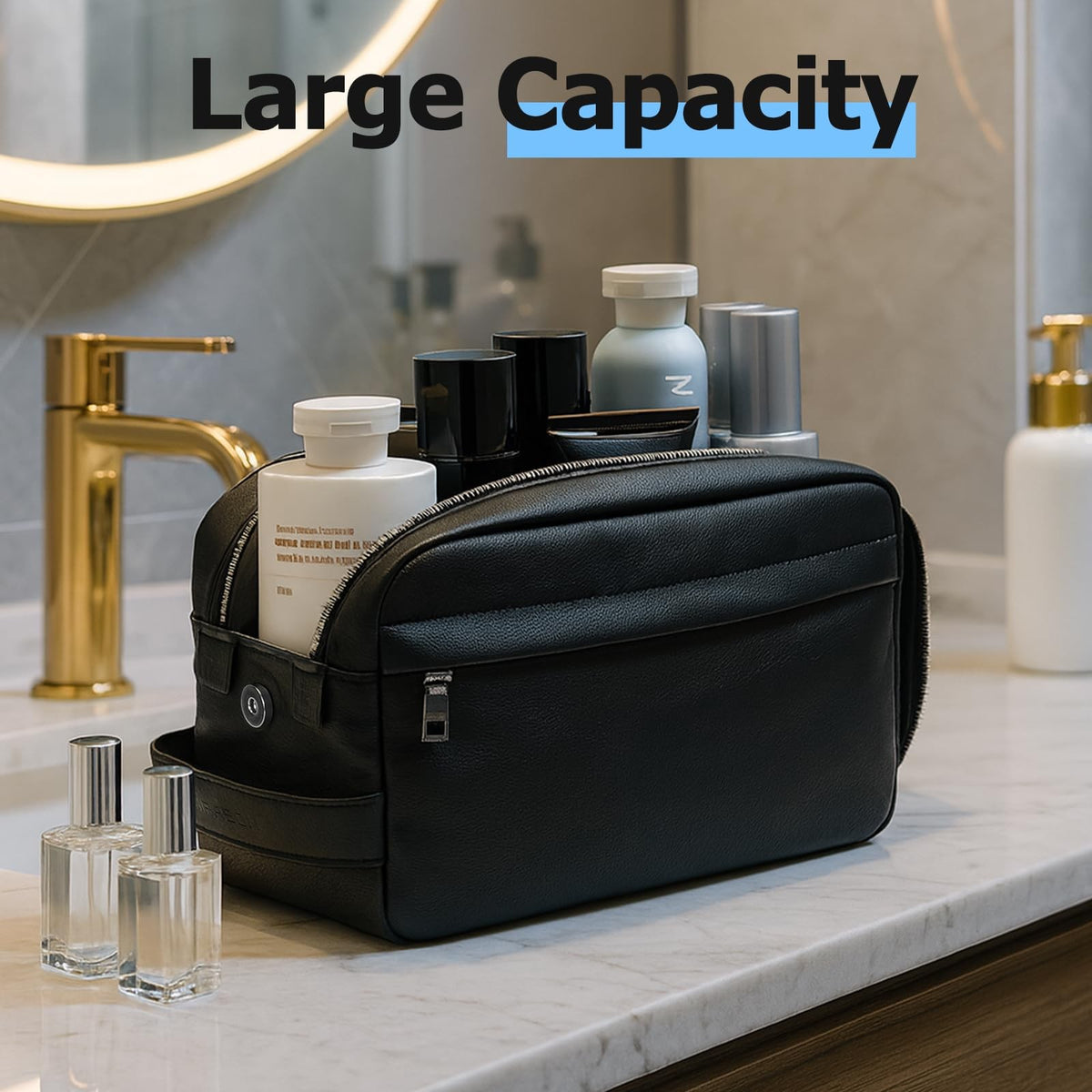 Water-Resistant Leather Men’s Travel Toiletry Bag Dopp Kit Black