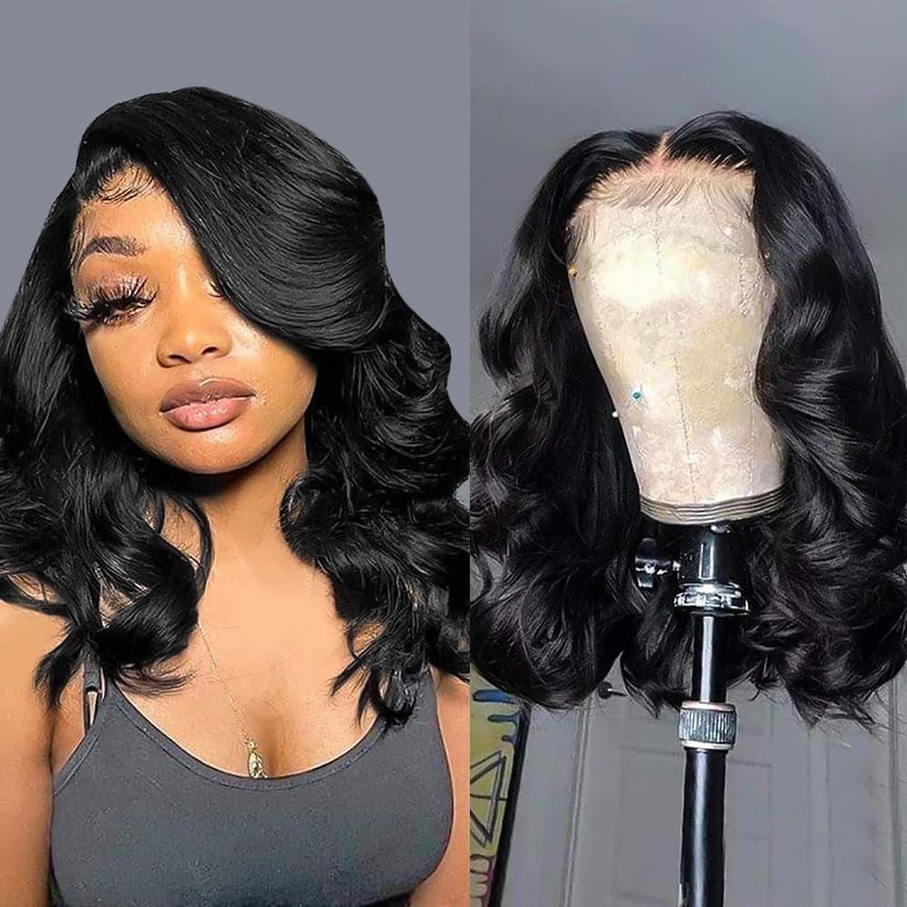14-Inch Glueless Brazilian Human Hair Bob Wig - Natural Black Wavy Lace Front