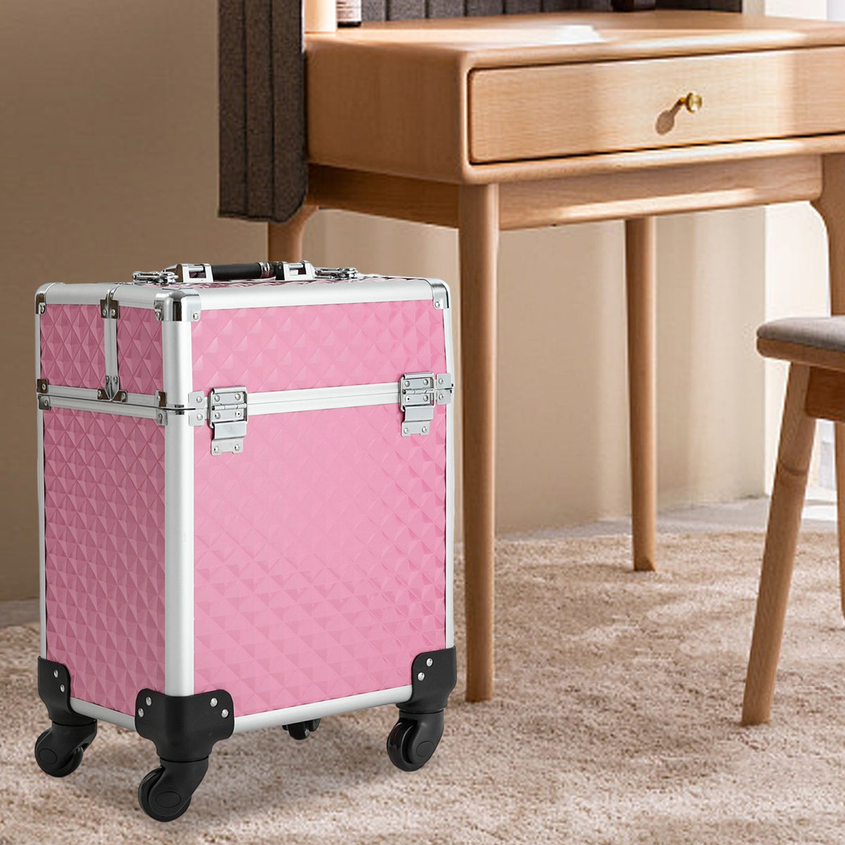 Large Multi-Tier Makeup and Nail Storage Case with Wheels, Pink