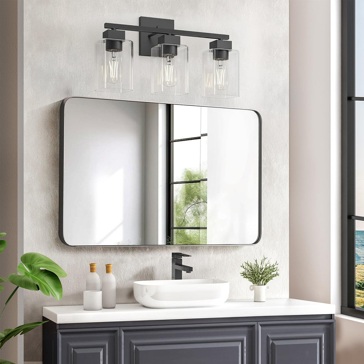 Matte Black Bathroom Vanity Light 3-Light Wall Sconce with Glass Shades