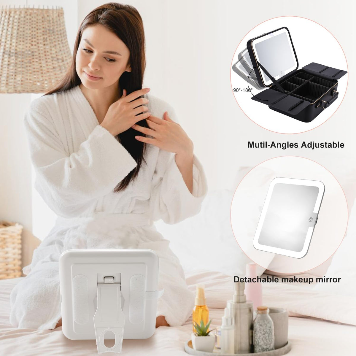 Travel Makeup Bag with LED Lighted Mirror, Waterproof Cosmetic Organizer