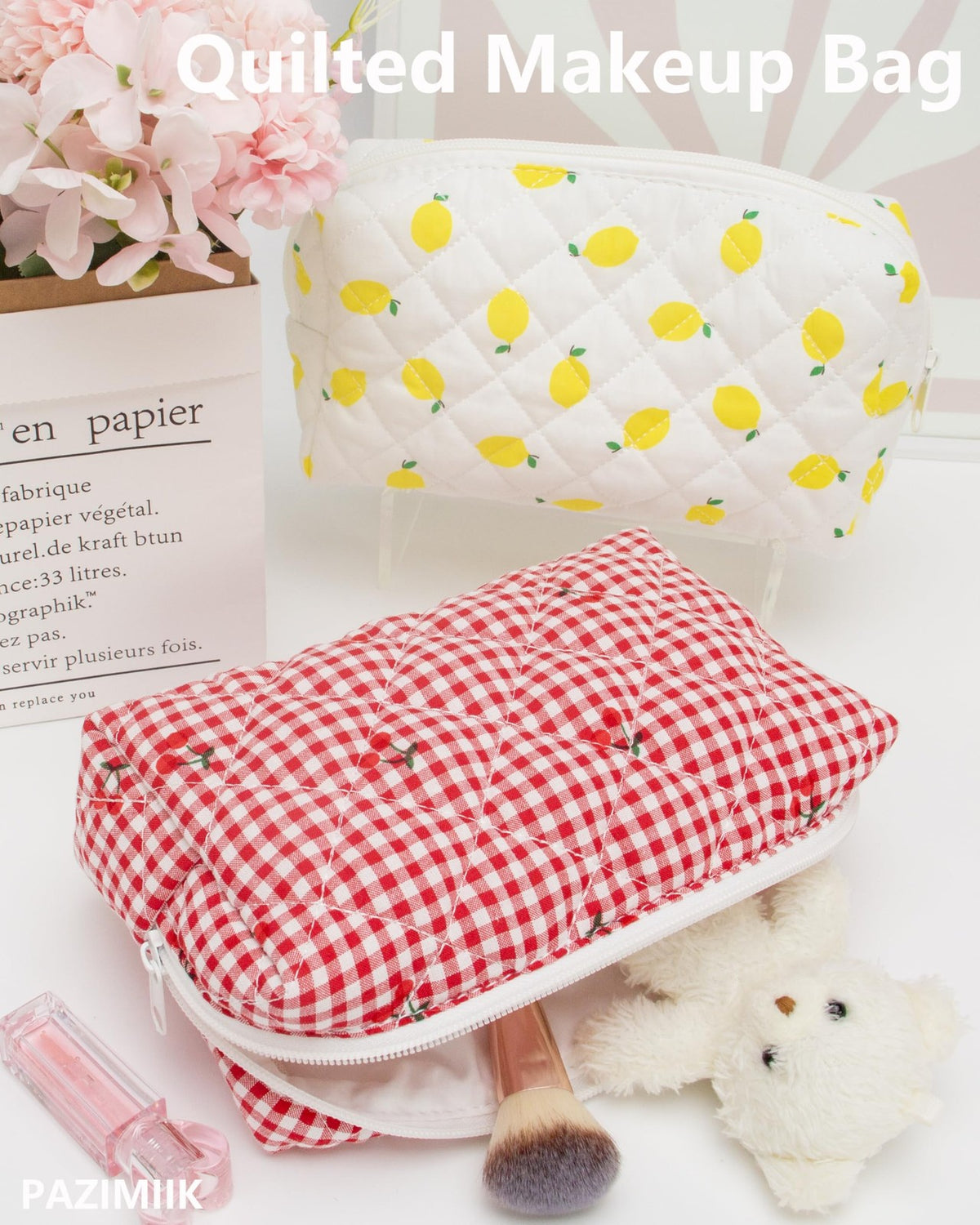 Small Quilted Makeup Bag with Zipper - Gingham Red Cherry