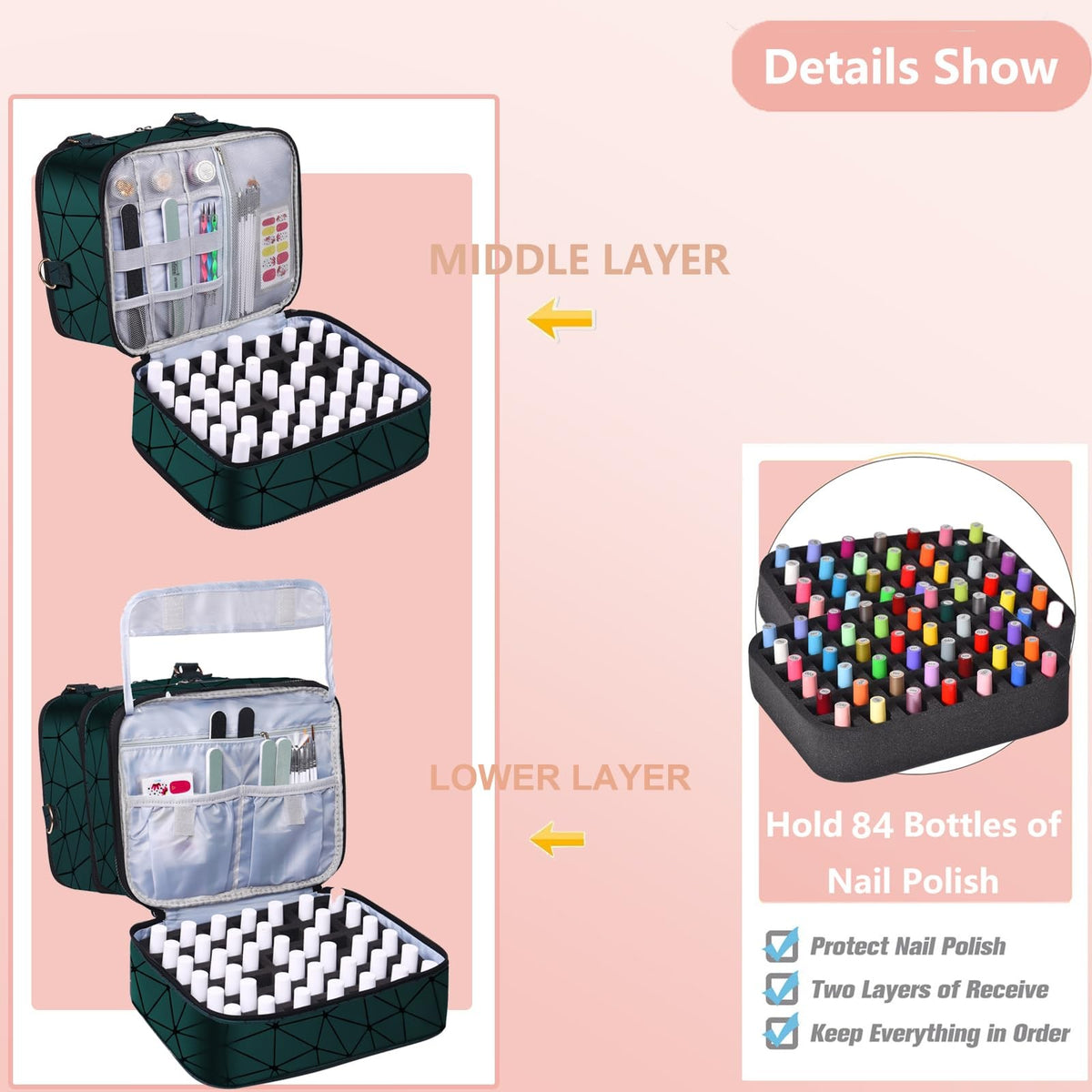 Large Nail Polish Organizer Case Holds 84+ Bottles with Lamp Travel Storage