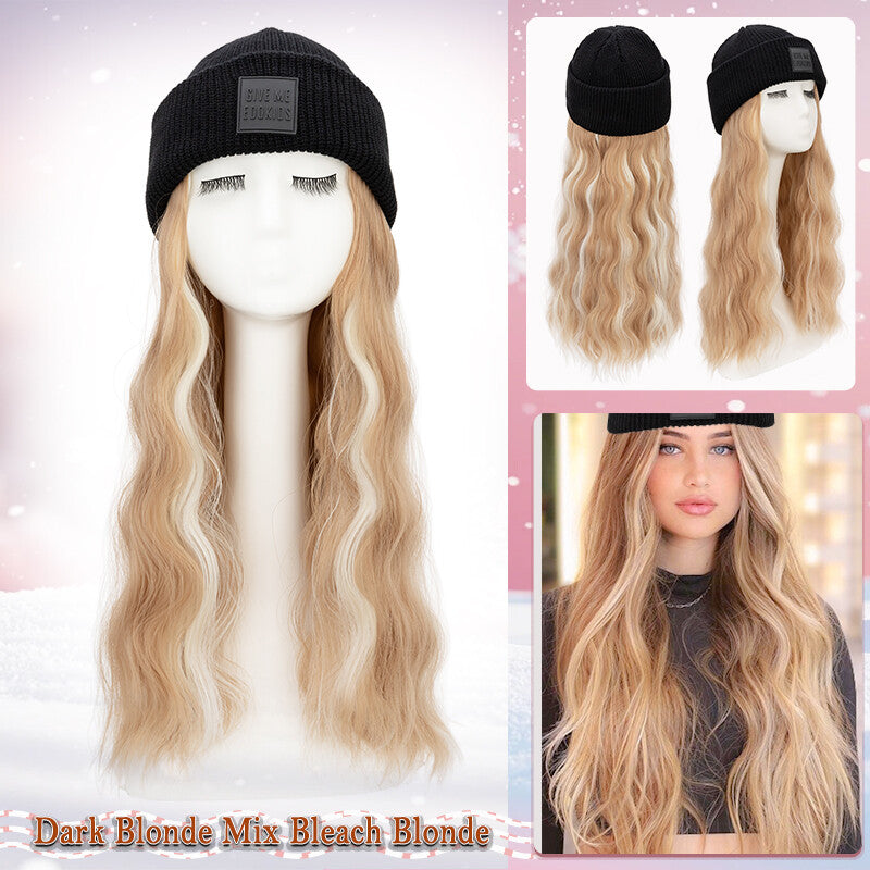 Unisex Wavy Long Hair Beret Cap with Synthetic Hair - Casual Hat Wig