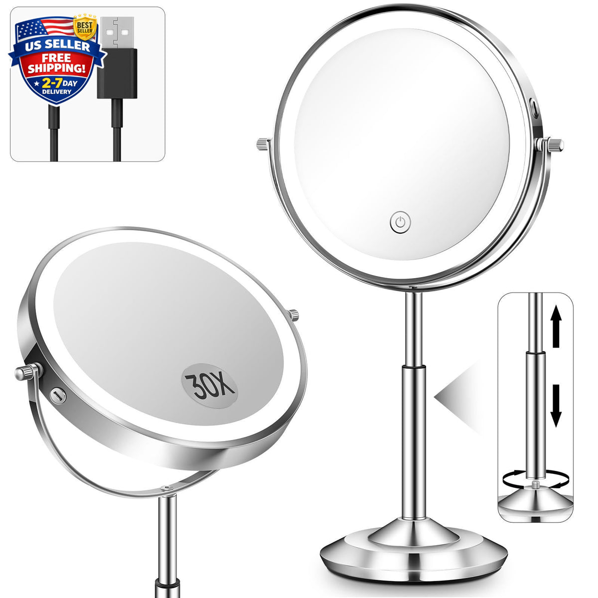 Adjustable Lighted Makeup Mirror with 30X Magnification and Rechargeable LEDs
