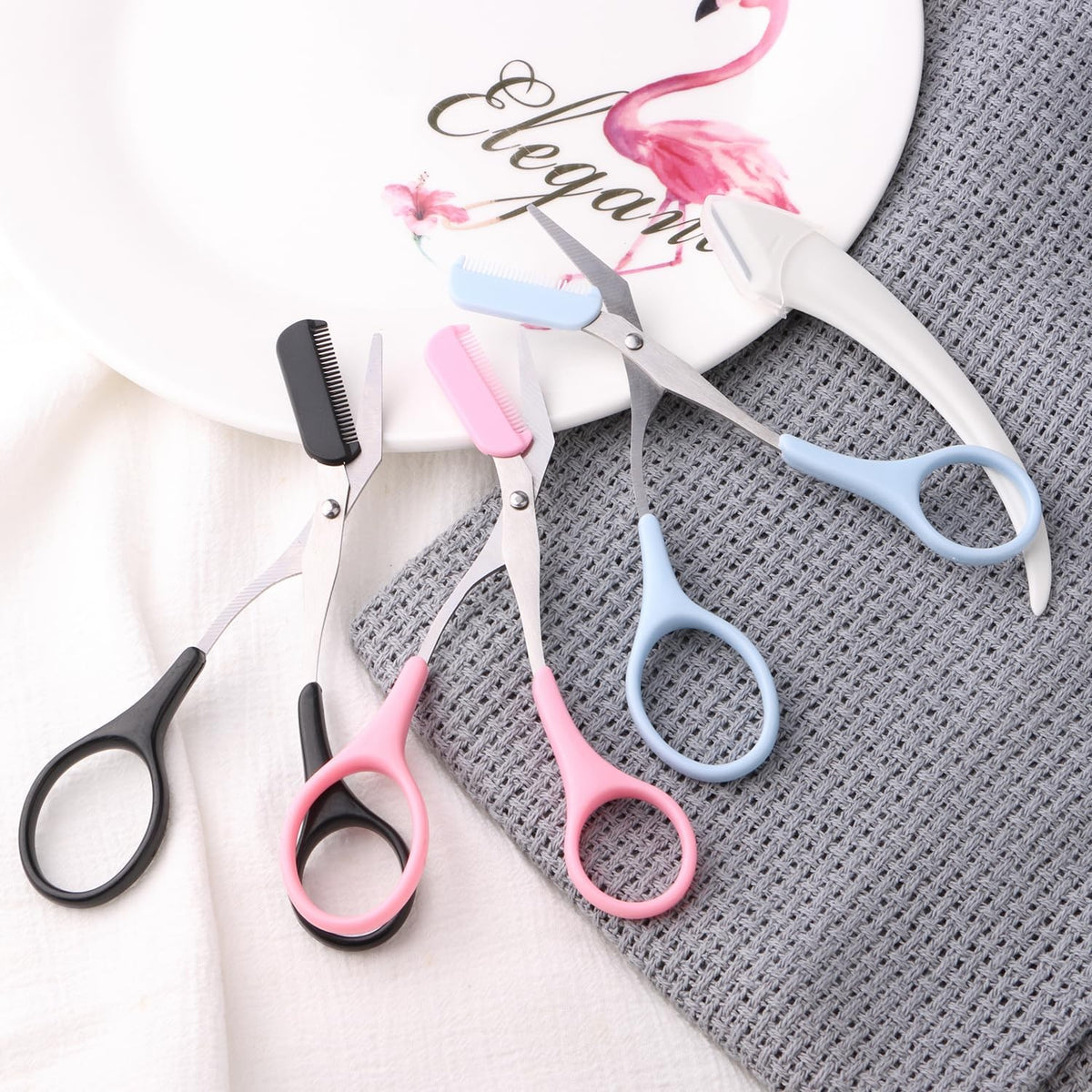 Eyebrow Scissors with Comb and Razor – Professional Stainless Steel 3-Pack (Black, Pink, Blue)