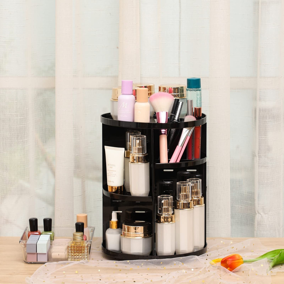 Rotating Makeup Organizer Acrylic Lazy Susan for Vanity, Adjustable 6-Tier Storage