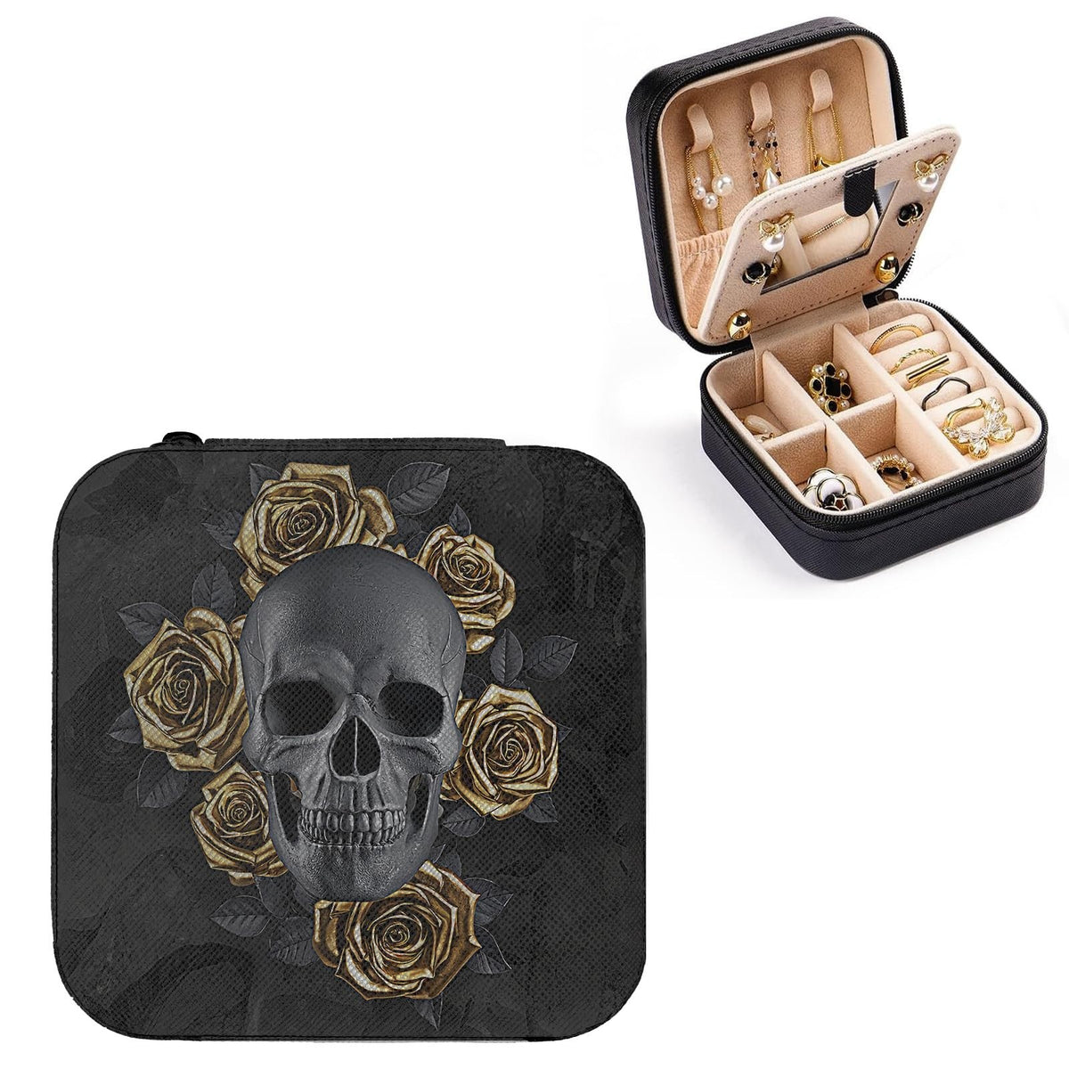Travel Jewelry Case with Mirror and Skull Design, Black Faux Leather Organizer for Women