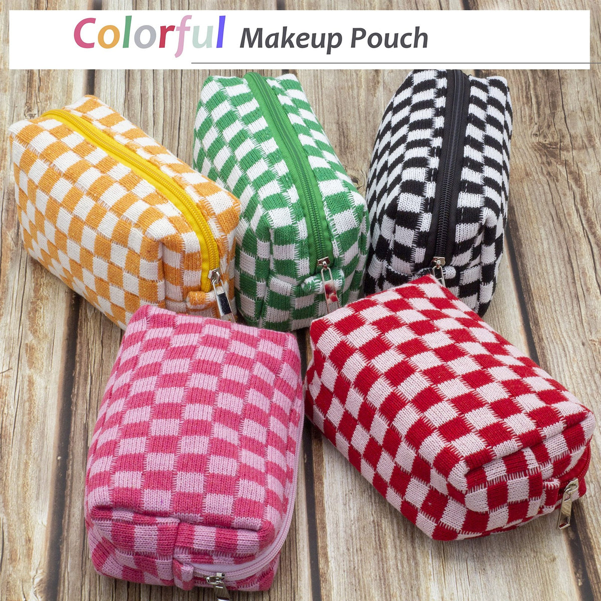 Checkered Makeup Bag with Handle, Compact Rectangular Cosmetic Organizer