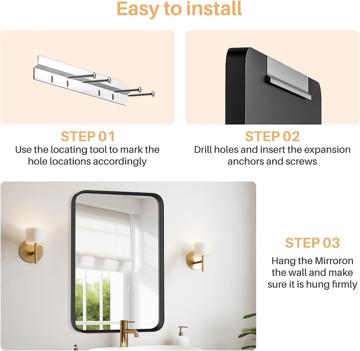 30x22 Inch Matte Black Wall Mirror - Rectangular Bathroom Vanity Mirror with Tempered Glass