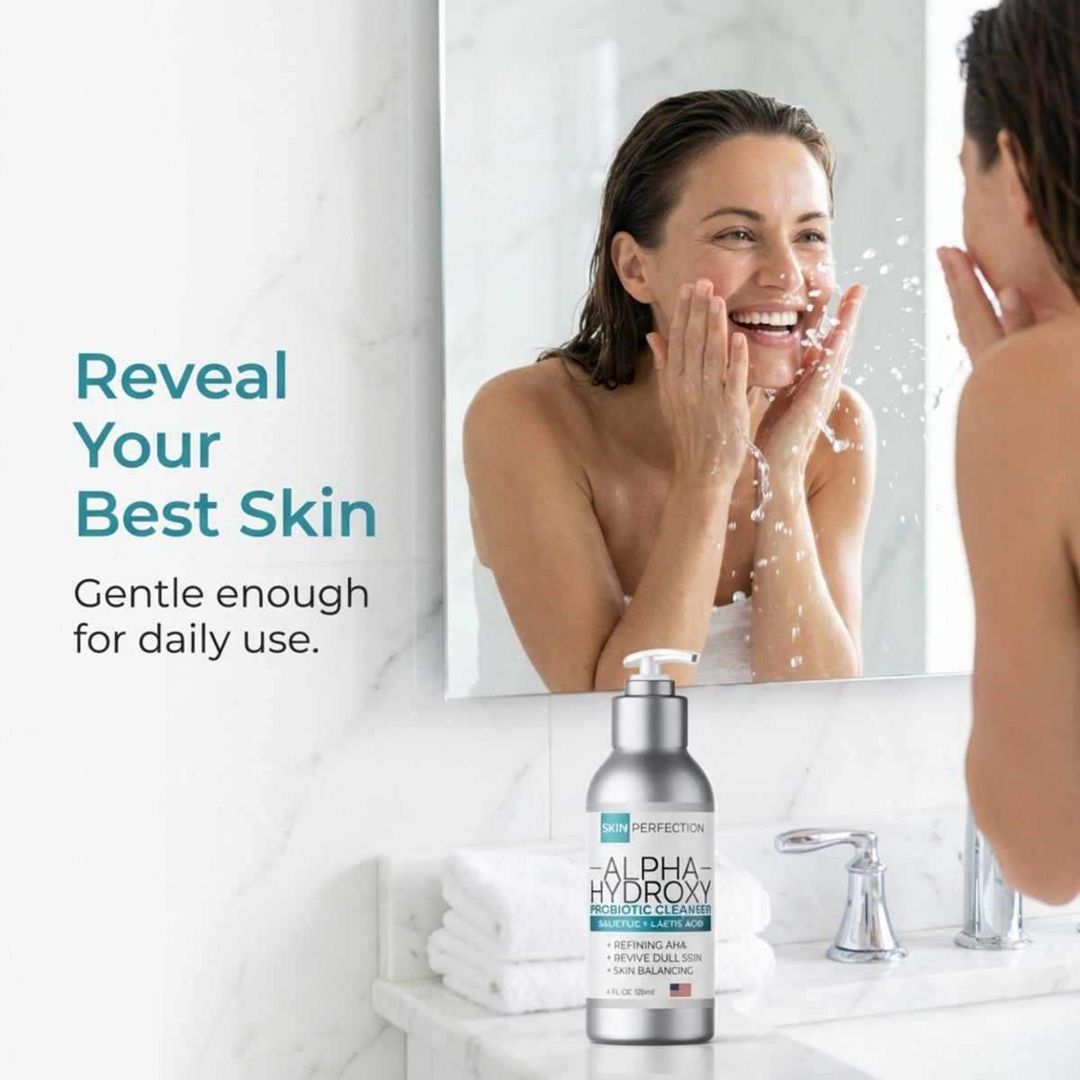 Alpha Hydroxy Acid Facial Cleanser with Salicylic & Lactic Acid - 4 oz - Refining Gel for Normal to Oily Skin