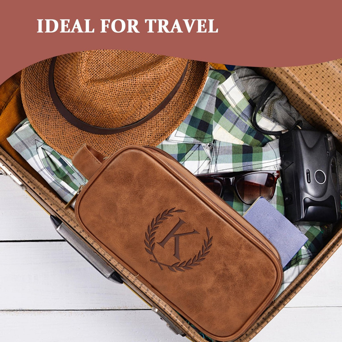 Men's Waterproof Travel Shaving & Grooming Bag with Initials - Leather Dopp Kit