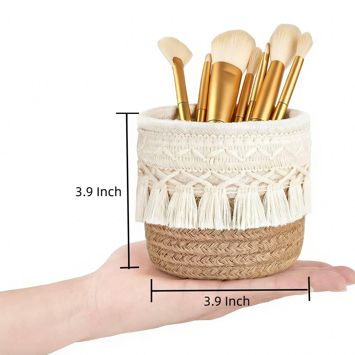 Macrame Makeup Brush Holder Organizer Set - Boho Decor Storage, White & Brown