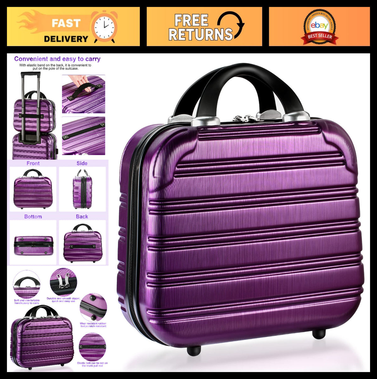 14-Inch Hard Shell Makeup Train Case - Portable Cosmetic & Toiletry Organizer