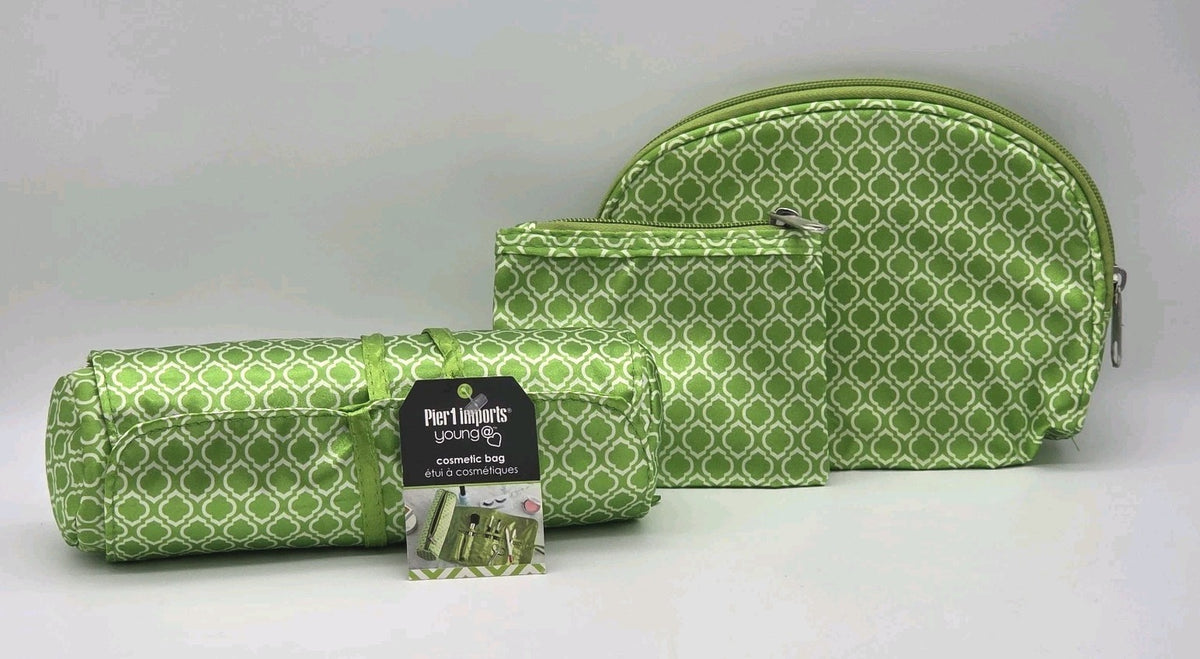 Pier 1 Imports 3-Piece Green Cosmetic Bag Set with Brush Roll and Pouches