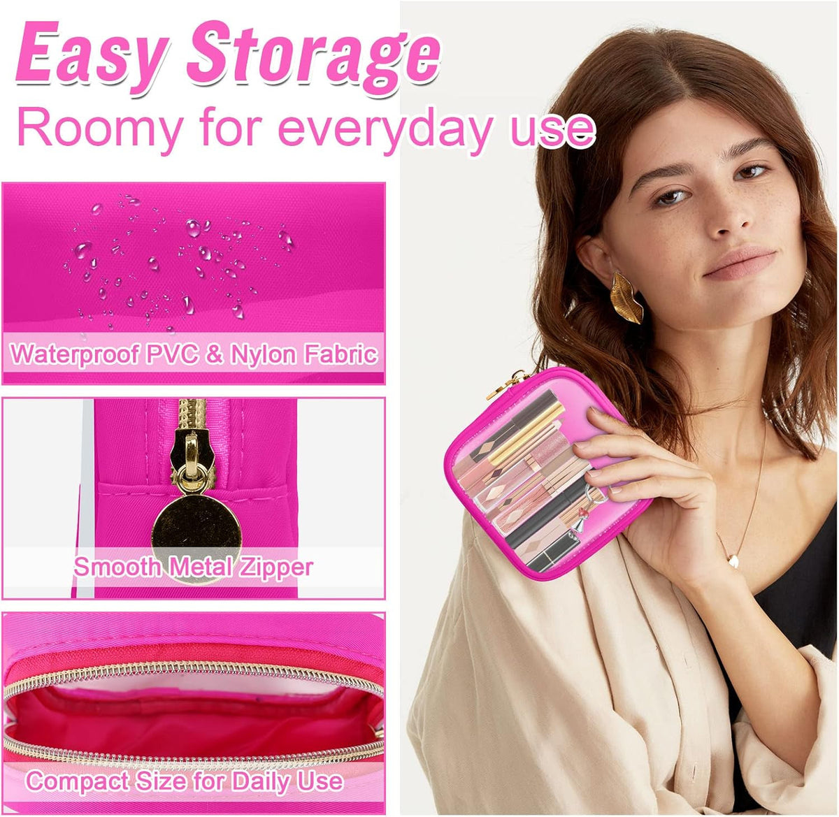 Clear Mini Travel Makeup Organizer Bag - Compact Pouch for Purse, Small Cute Preppy Cosmetic Bag