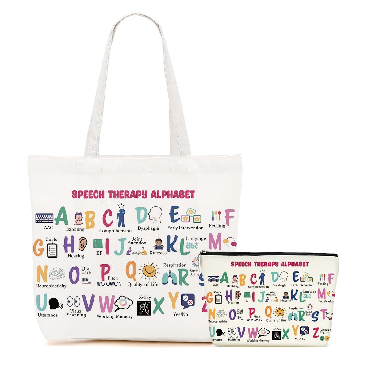 Cotton Tote Bag and Makeup Bag Set - Large Travel & Cosmetic Organizer