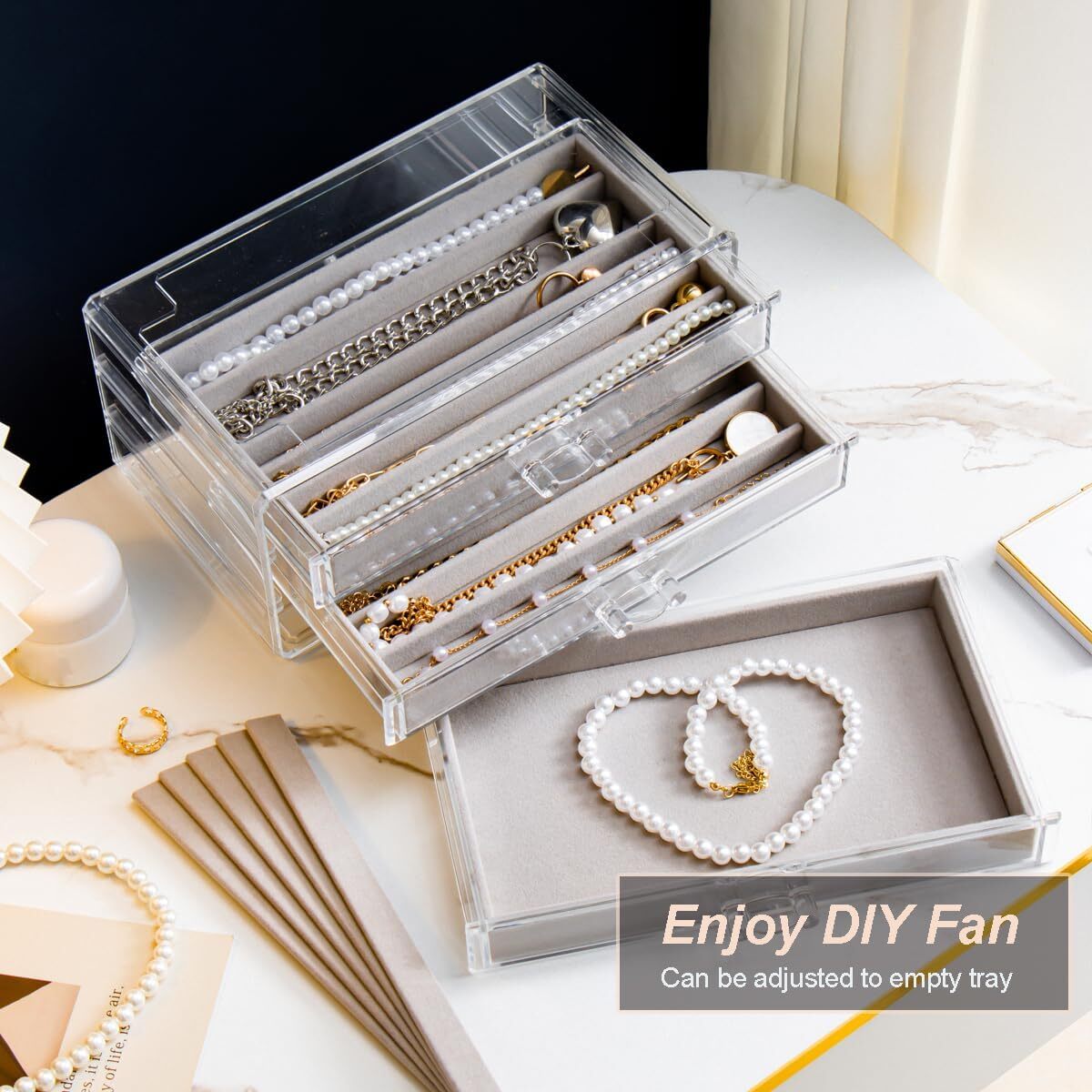 Jewelry Necklace Organizer Box with 5 Dustproof Velvet Drawers - Gray