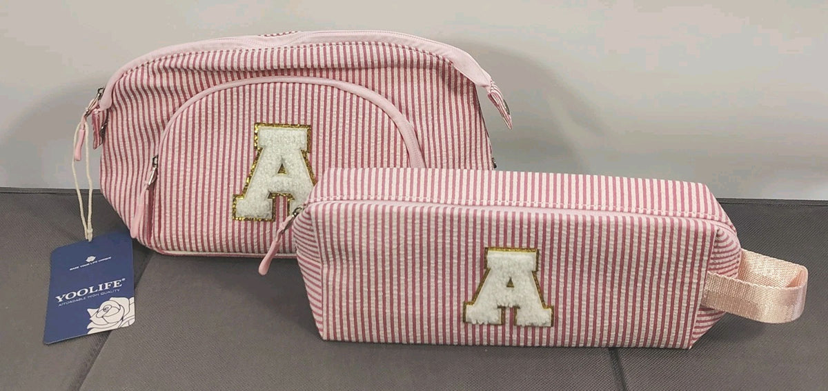 Girls Personalized Makeup Bag Set - Pink & White Striped Letter A