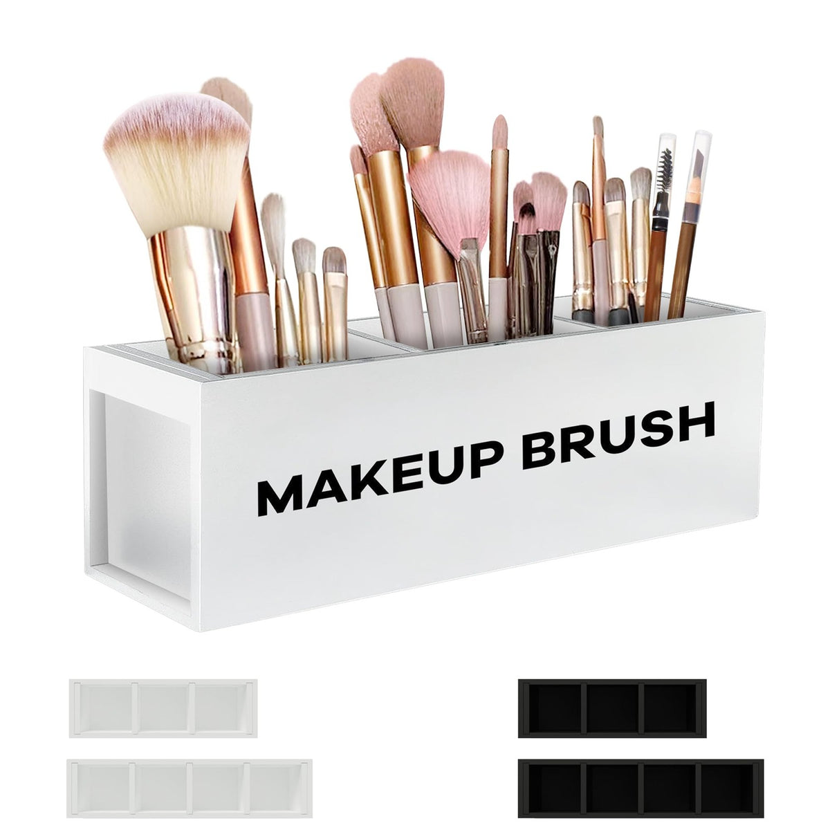 Large Wooden Makeup Brush Holder Organizer with 3 Slots - Vanity Cosmetic Storage