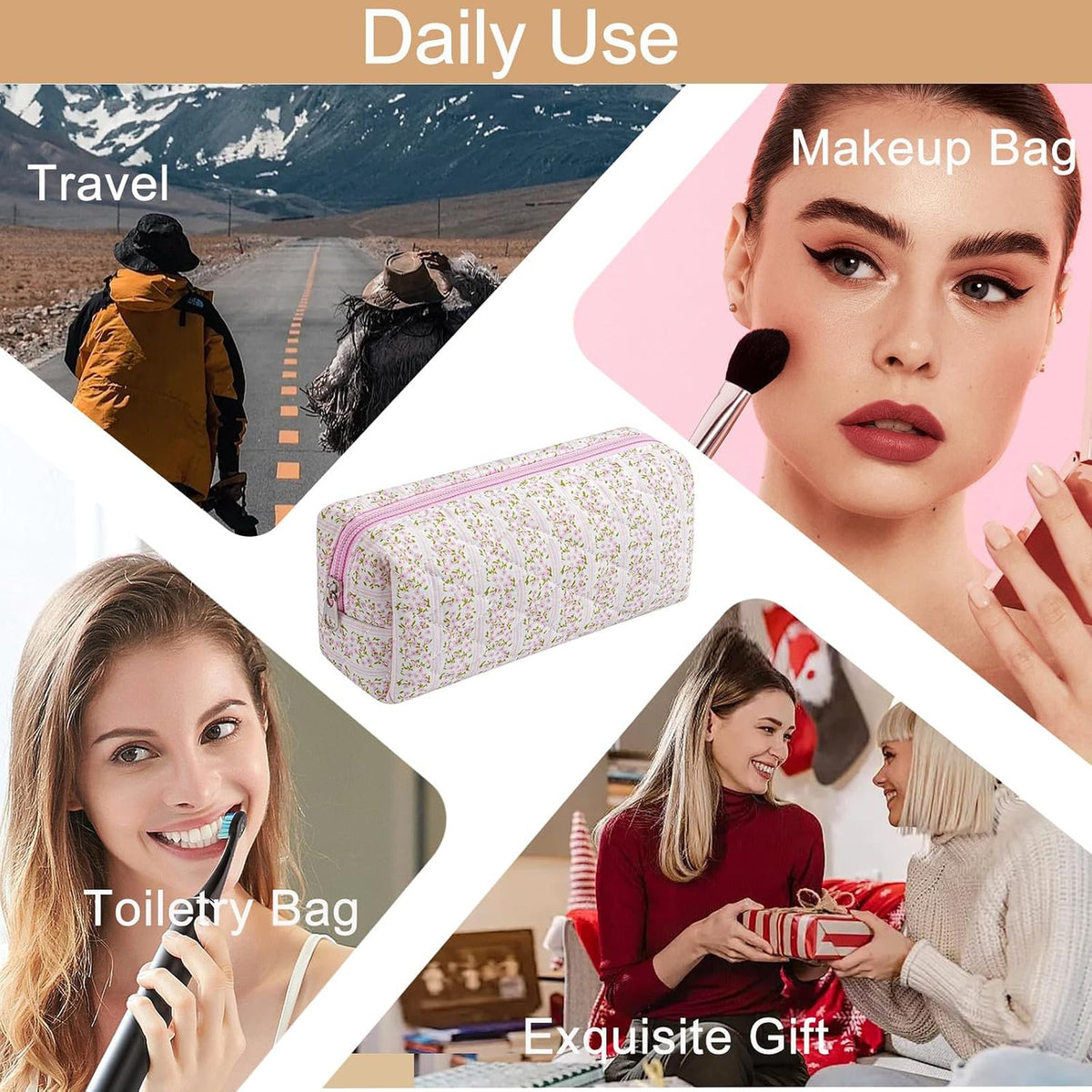 Pink Floral Cotton Makeup Bag with Brush Organizer Travel Case