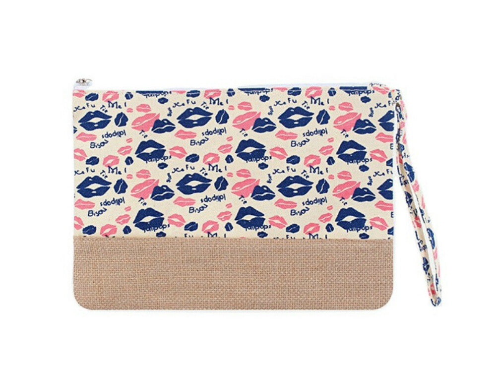 8x10 Canvas Zipper Clutch Bag with Strap – Beige Lips Pattern
