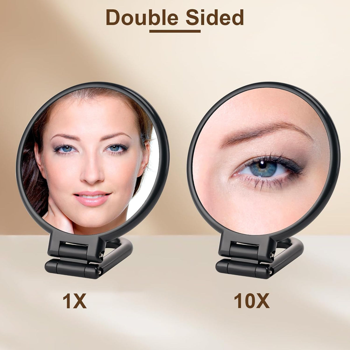 Double-Sided Folding Travel Makeup Mirror with 10X Magnification, Handheld & Desk
